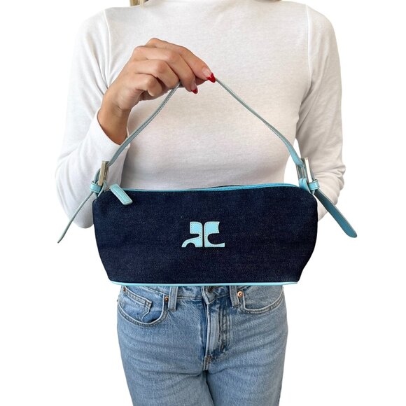 Courreges Vintage Logo Shoulder Bag Denim Blue Silver Cotton Rank AB [103972]